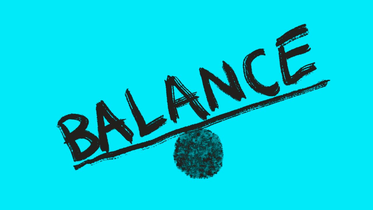 The word Balance hand-painted on a tilted line resting on a ball, on a bright cyan background