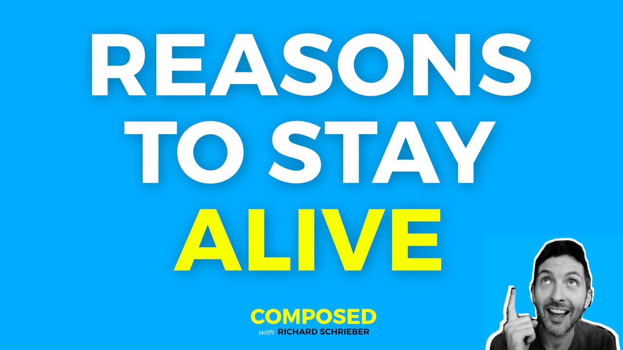 Reasons To Stay Alive title card for Composed with Richard Pryn, with Richard Pryn pointing upwards