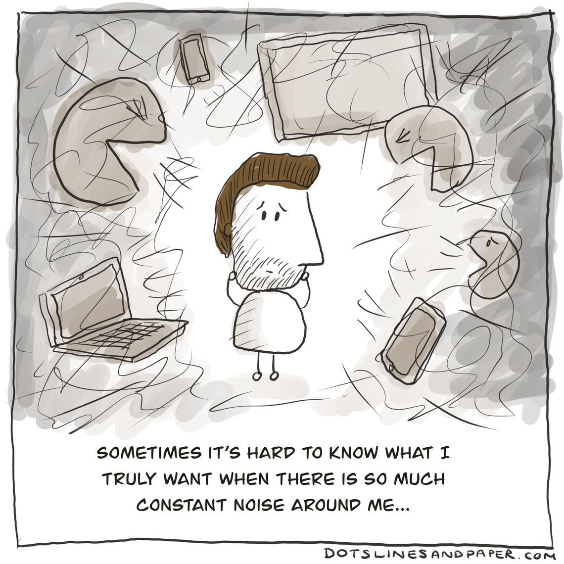 Dots Lines and Paper comic: a man surrounded by screens and noise, unsure what he truly wants