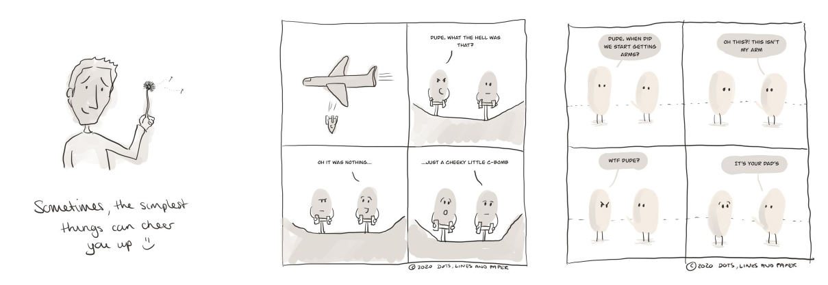 Three Dots Lines and Paper comics, including a man cheered by a dandelion and two jellybean characters chatting