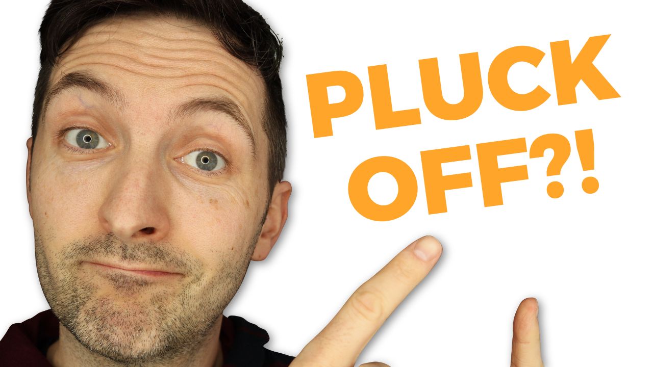 Richard Pryn pointing at the words Pluck Off?! in large orange text