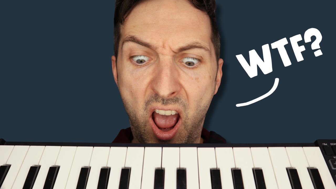 Richard Pryn looking shocked over a MIDI keyboard with the caption WTF?