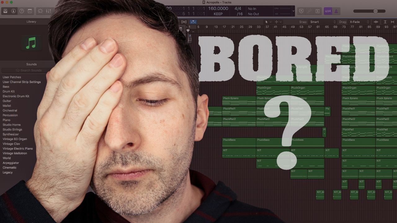 Richard Pryn with his hand over his face in front of a Logic Pro session, next to the word Bored and a question mark