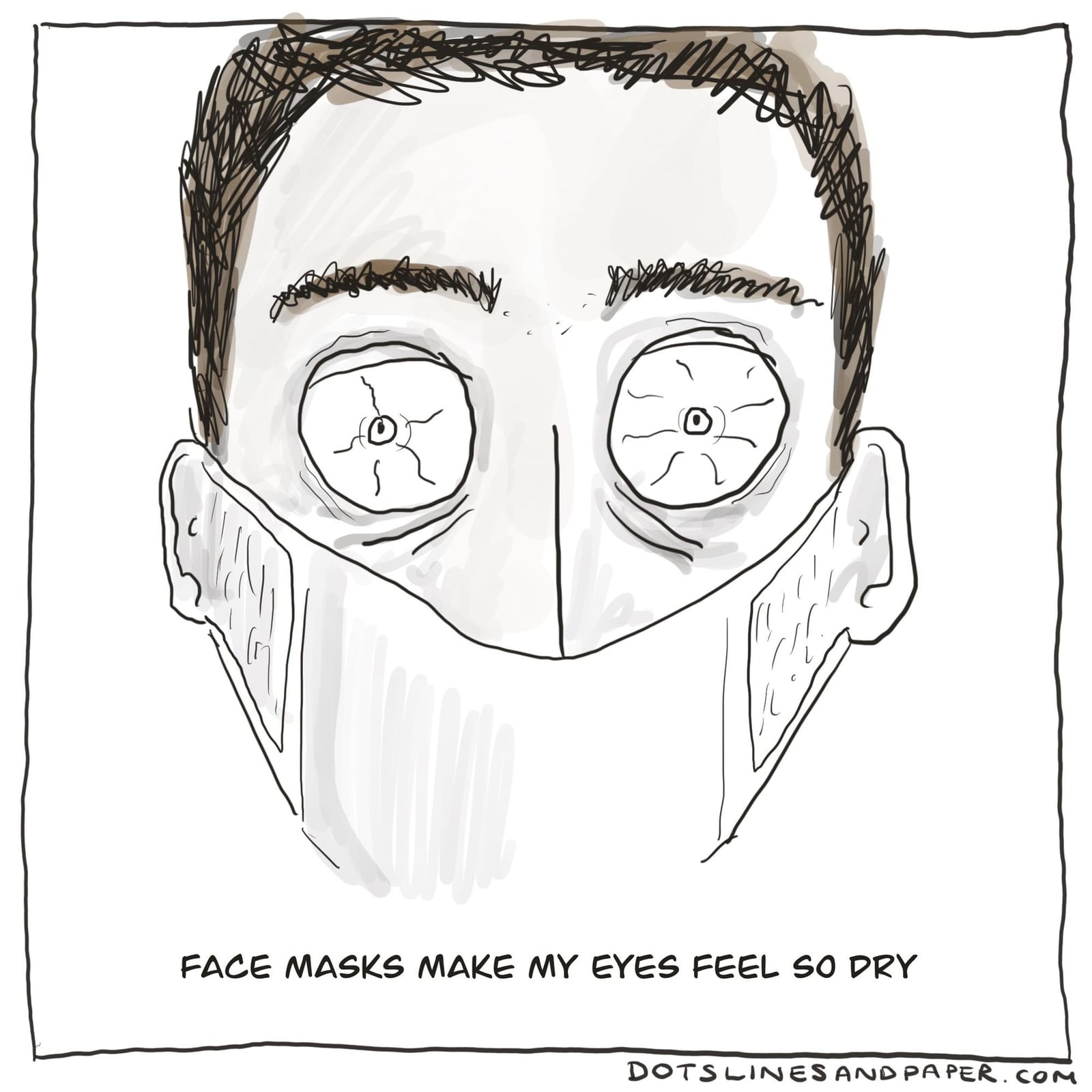 Dots Lines and Paper comic: a man in a face mask with wide, dry eyes