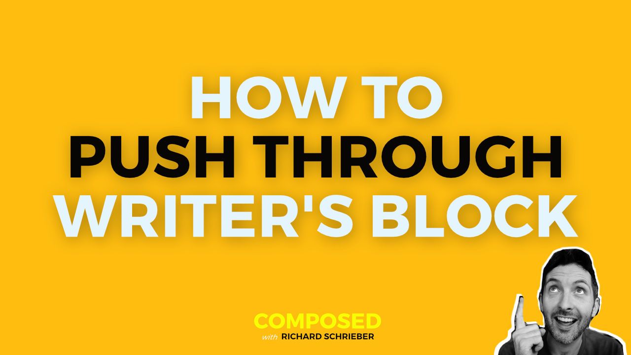 Composed thumbnail reading How To Push Through Writer's Block with Richard Pryn pointing upwards