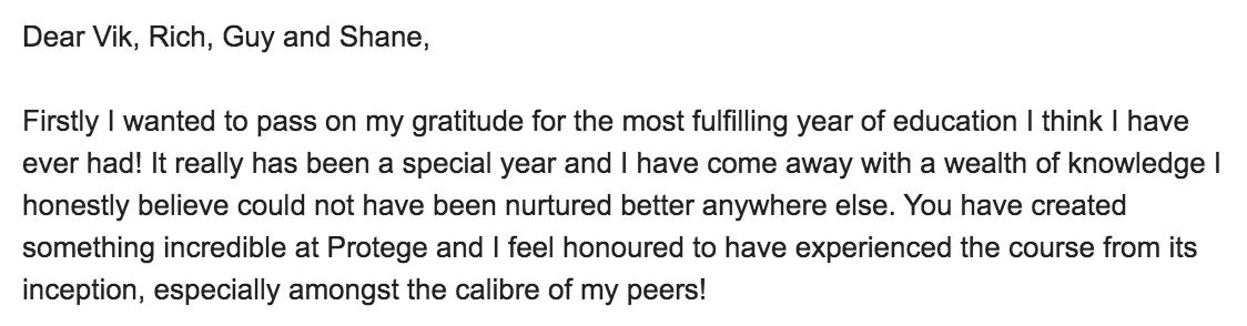 Student message to Vik, Rich, Guy and Shane calling Protege the most fulfilling year of education they have had