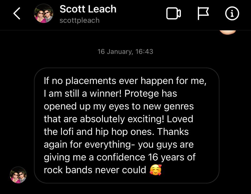 Instagram message from Scott Leach saying Protege opened his eyes to new genres and gave him confidence