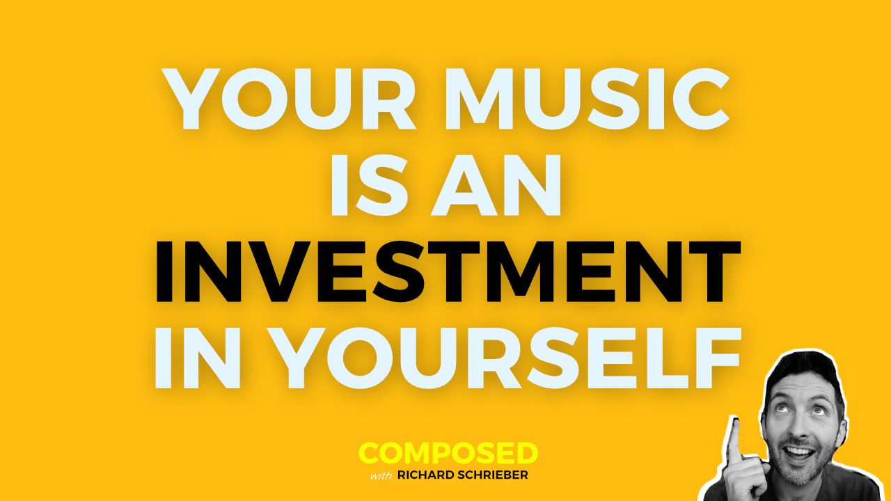 Composed podcast thumbnail reading Your Music Is An Investment In Yourself, with Richard Pryn pointing upwards
