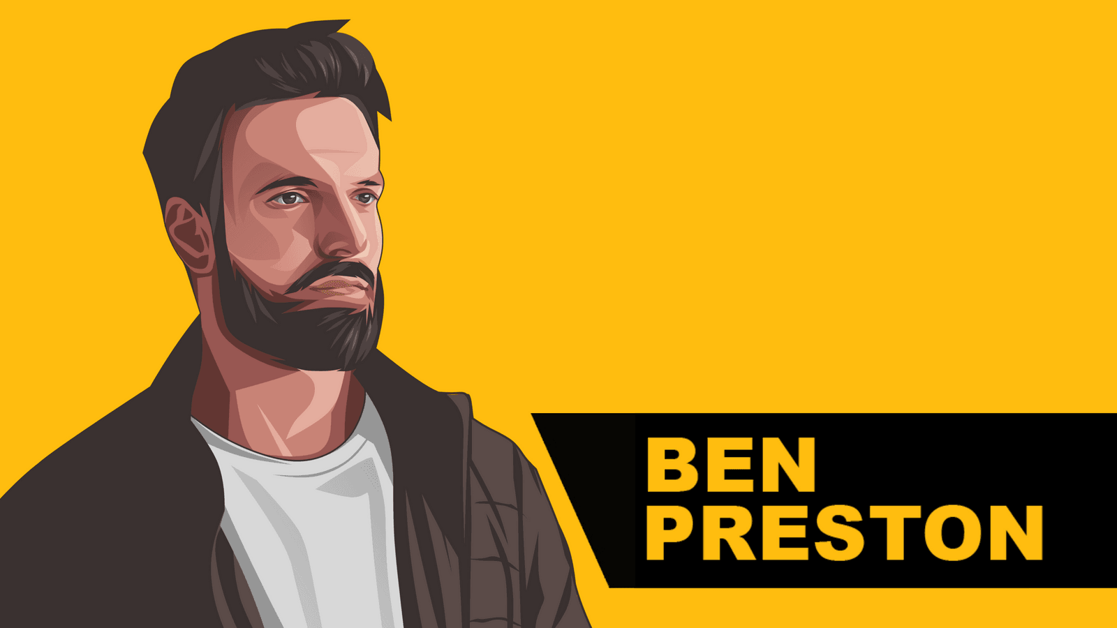 Illustrated portrait of Ben Preston on a yellow podcast banner with his name