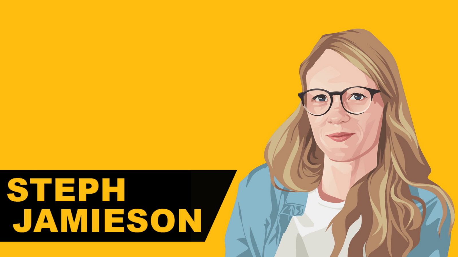 Illustrated portrait of Steph Jamieson on a yellow podcast banner with her name