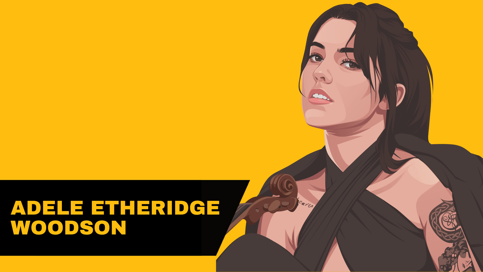 Illustrated portrait of composer Adele Etheridge Woodson with a violin on a yellow background