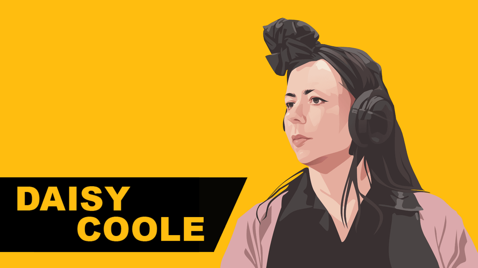 Illustrated portrait of film composer Daisy Coole wearing headphones on a yellow background with her name