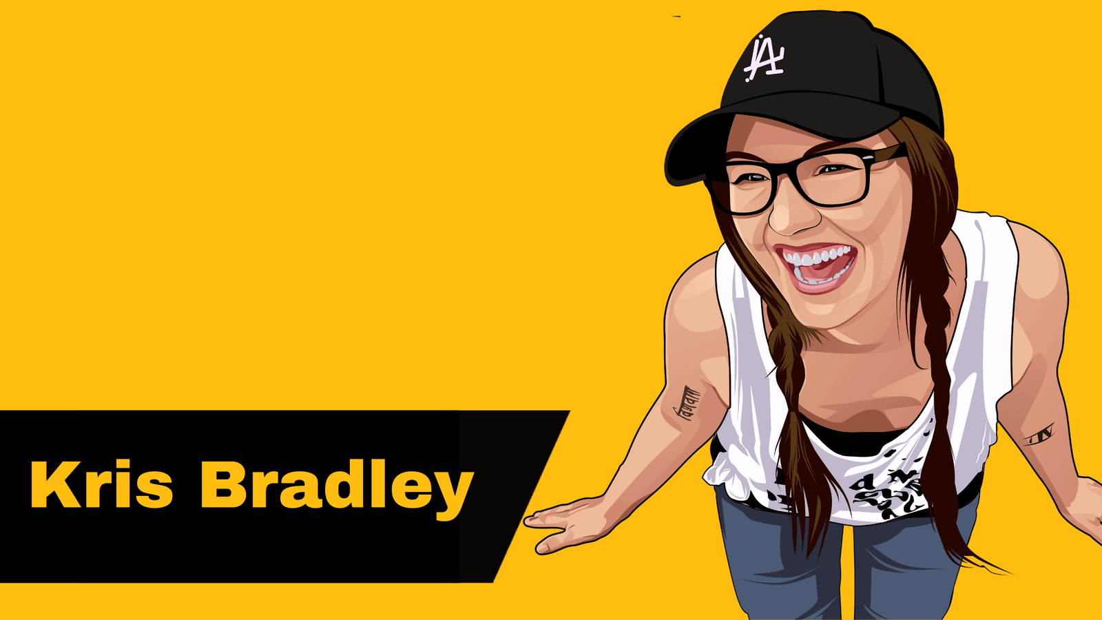 Illustrated portrait of producer Kris Bradley laughing in a black cap on a yellow background with her name