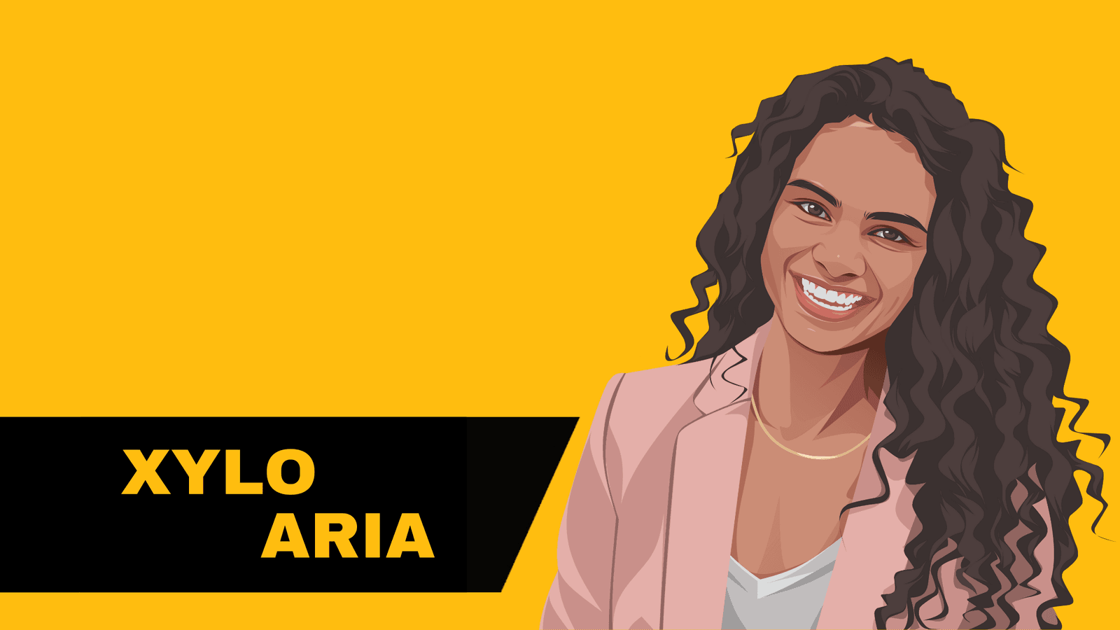 Illustrated portrait of Xylo Aria, smiling in a pink blazer, on a yellow background with her name