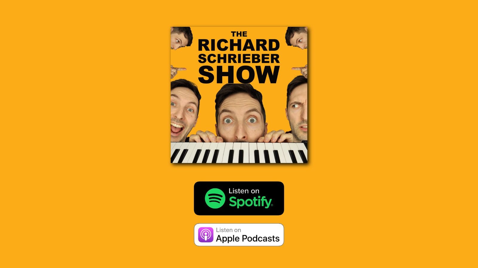 The Richard Schrieber Show artwork with Richard Pryn peering over a keyboard, plus Spotify and Apple Podcasts badges