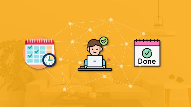 Illustration of a person working at a laptop between a calendar and a page marked Done