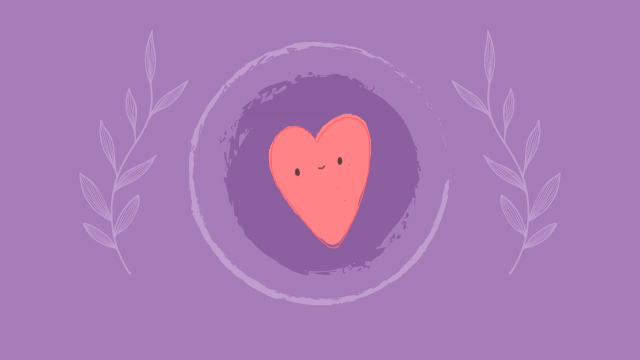 Illustration of a smiling pink heart inside a circle with leafy branches on a purple background