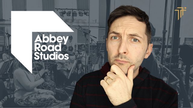 Richard Pryn looking thoughtful beside the Abbey Road Studios logo, with an orchestra session behind