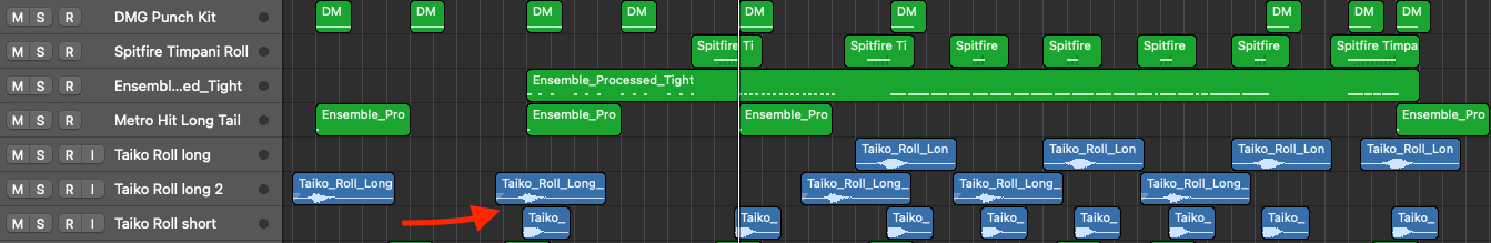 Logic Pro tracks of taiko rolls, timpani rolls and hit one-shots added to give the string quartet more impact