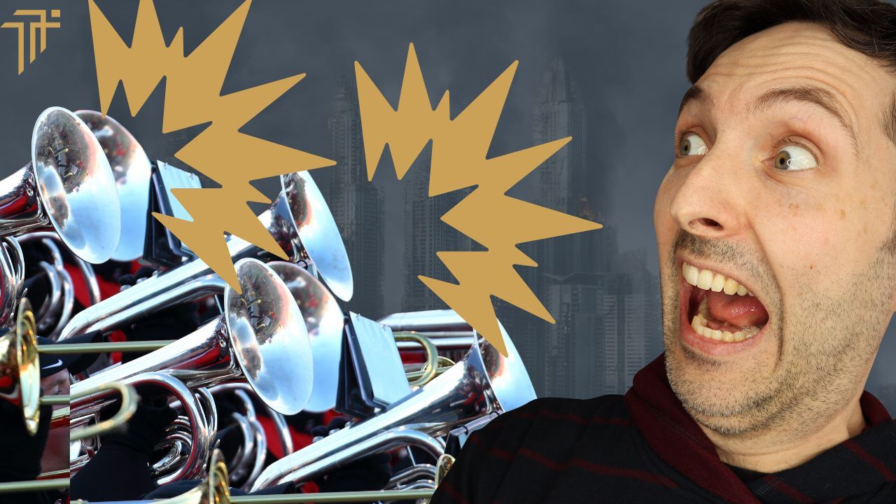 Richard Pryn grimacing beside a row of blasting tubas and gold burst shapes against a smoky city skyline