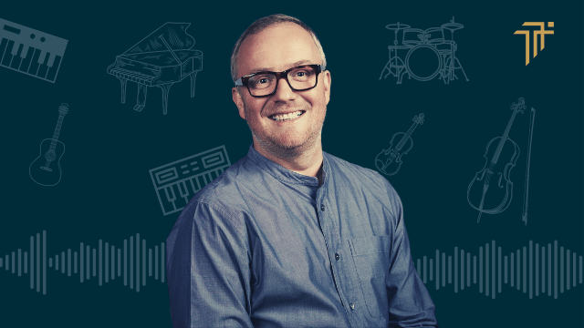 Podcast thumbnail of Christian Henson smiling against a dark background of instrument line drawings