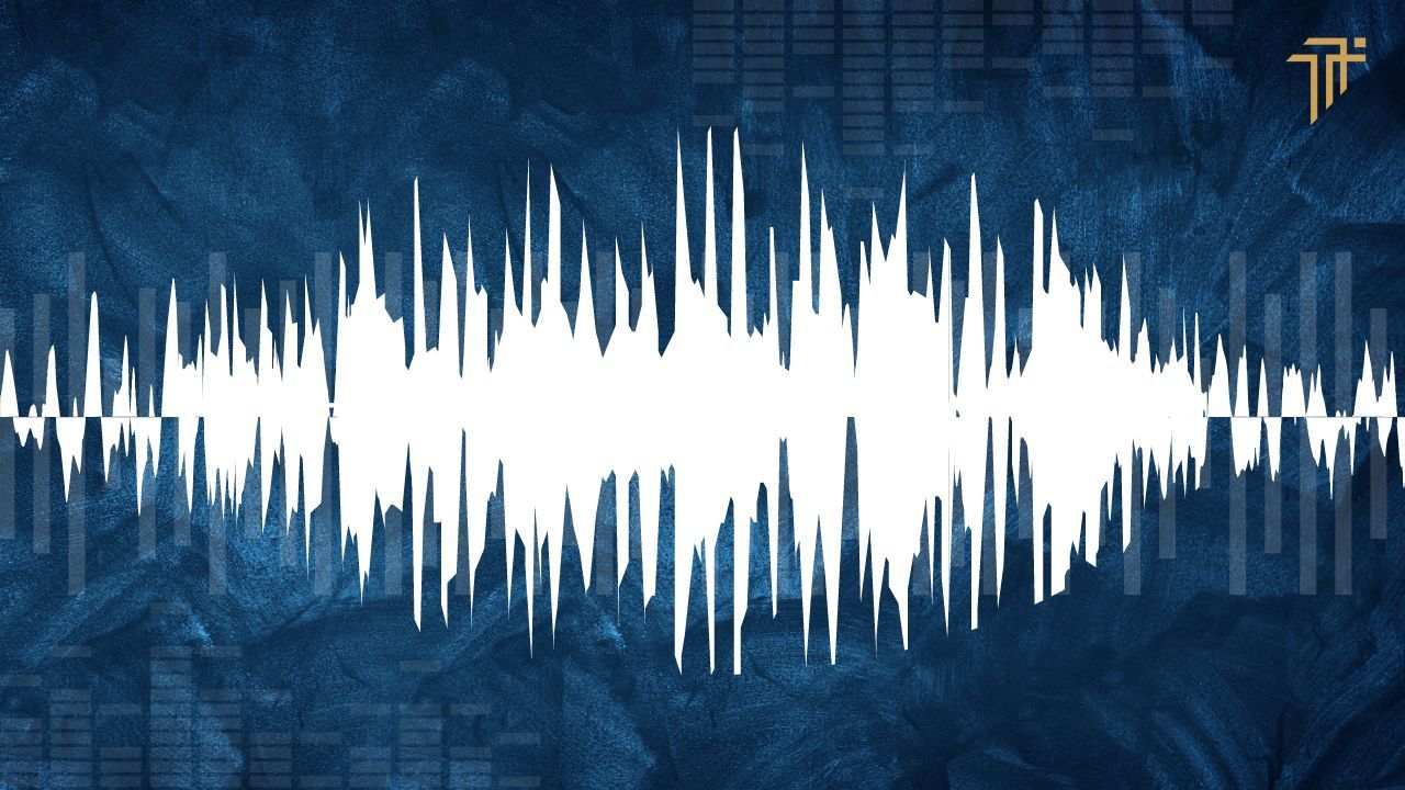 White audio waveform across a textured dark blue background