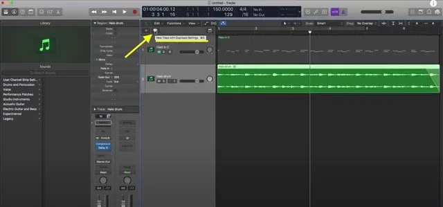 Logic Pro X arrange window with the New Track with Duplicate Settings button highlighted