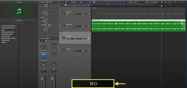Logic Pro X arrange window with a new duplicated track created using the Cmd+D shortcut