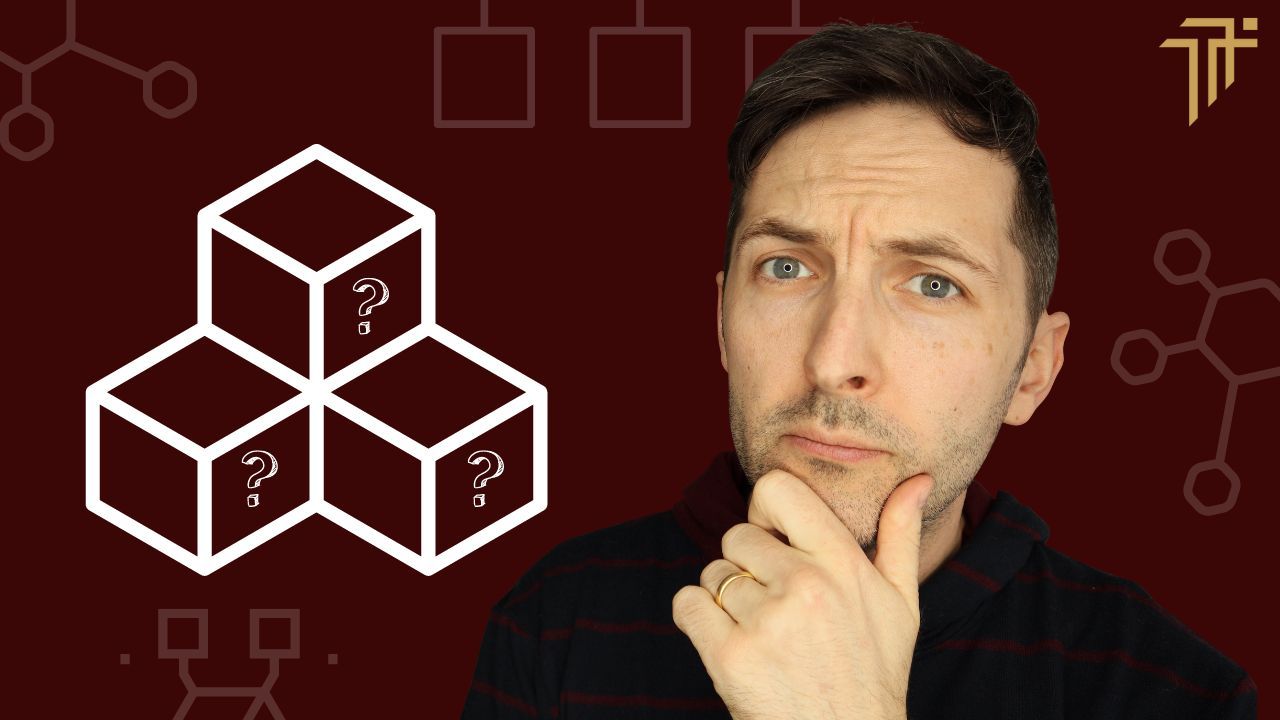 Richard Pryn looking thoughtful beside an outline of three stacked boxes marked with question marks