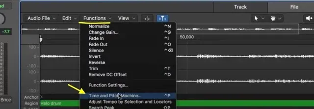 Logic Pro X file editor Functions menu with Time and Pitch Machine highlighted