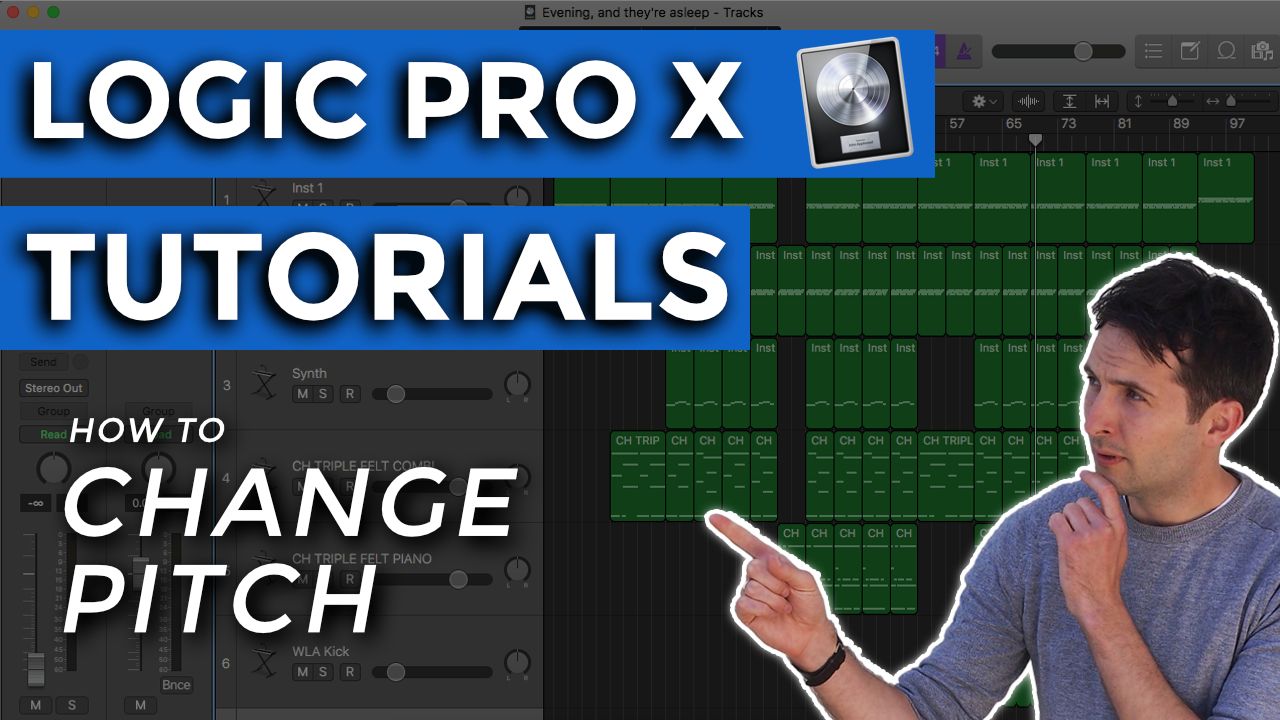 Logic Pro X Tutorials thumbnail for How to Change Pitch, with Richard Pryn pointing at the title