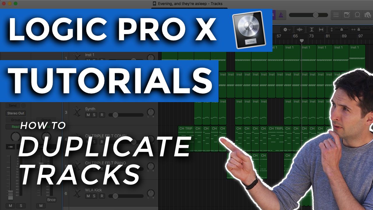 Logic Pro X Tutorials thumbnail for How to Duplicate Tracks, with Richard Pryn pointing at the title