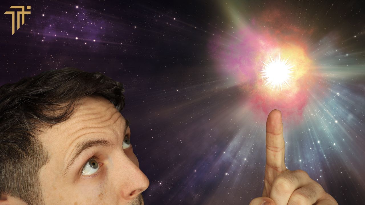 Richard Pryn looking up at his finger pointing to a bright exploding star in a purple galaxy