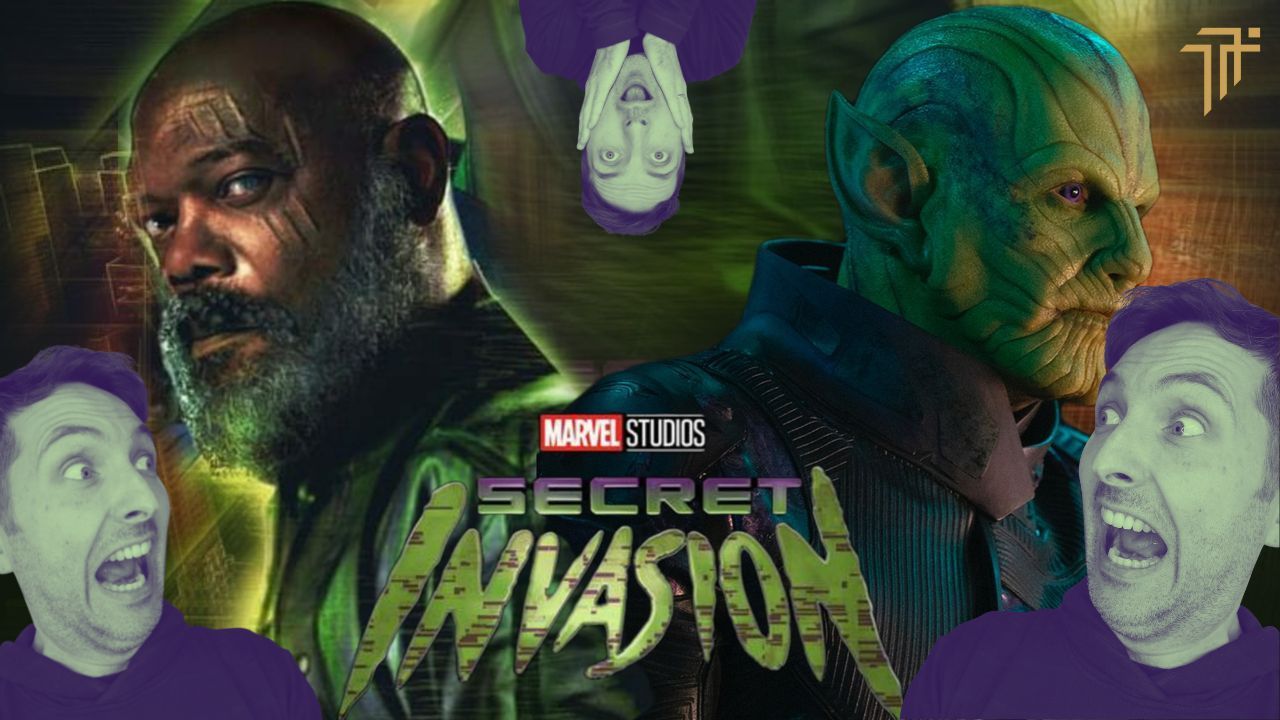 Secret Invasion poster with Nick Fury and a Skrull, framed by three shocked faces of Richard Pryn