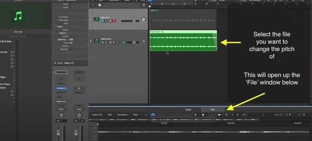 Logic Pro X arrange window with an audio region selected and the File editor tab highlighted