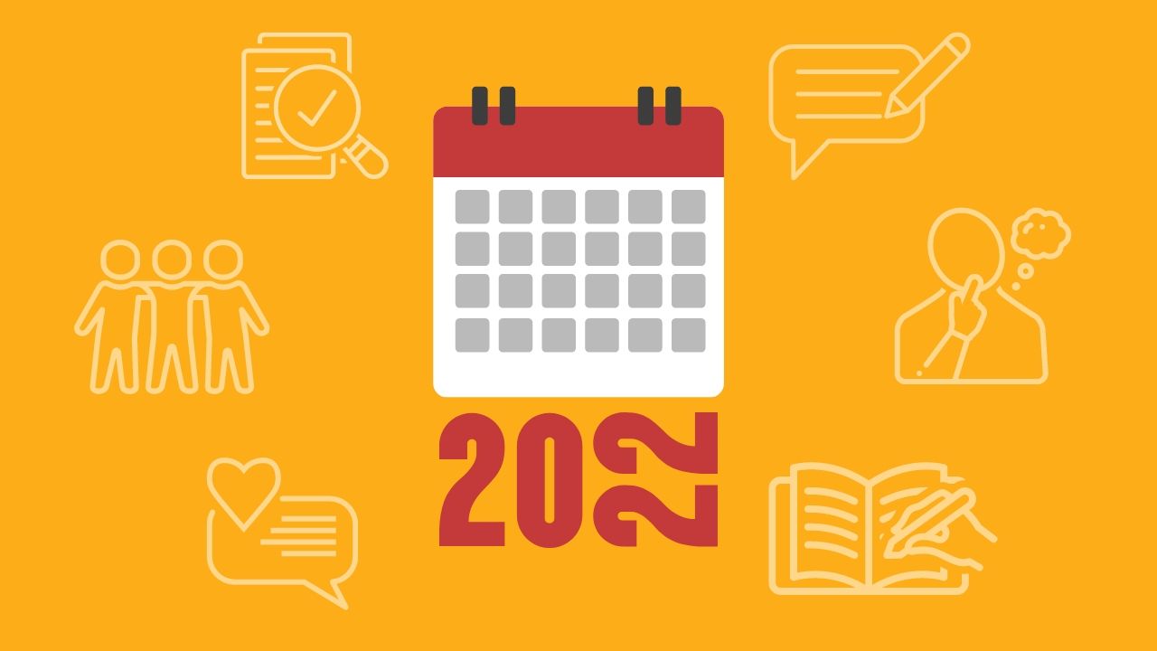 Illustrated calendar above the year 2022 on an orange background, surrounded by line icons
