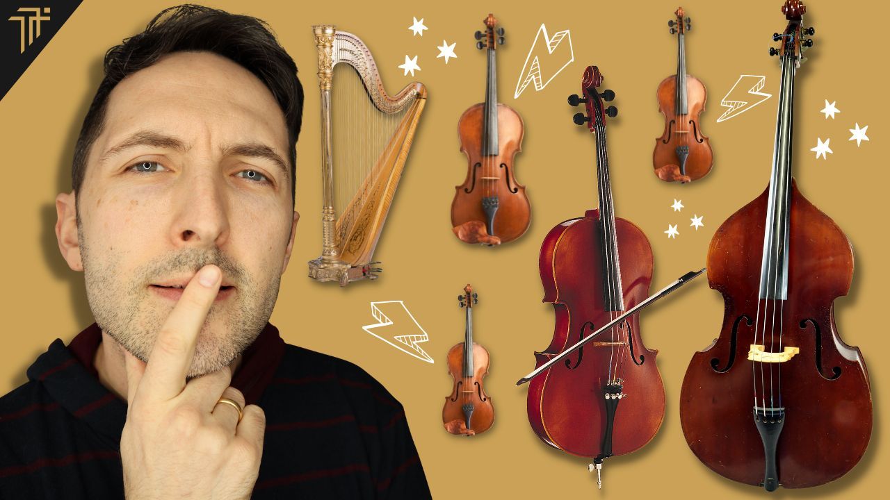 Richard Pryn with a finger to his lips beside a harp, violins, a cello and a double bass