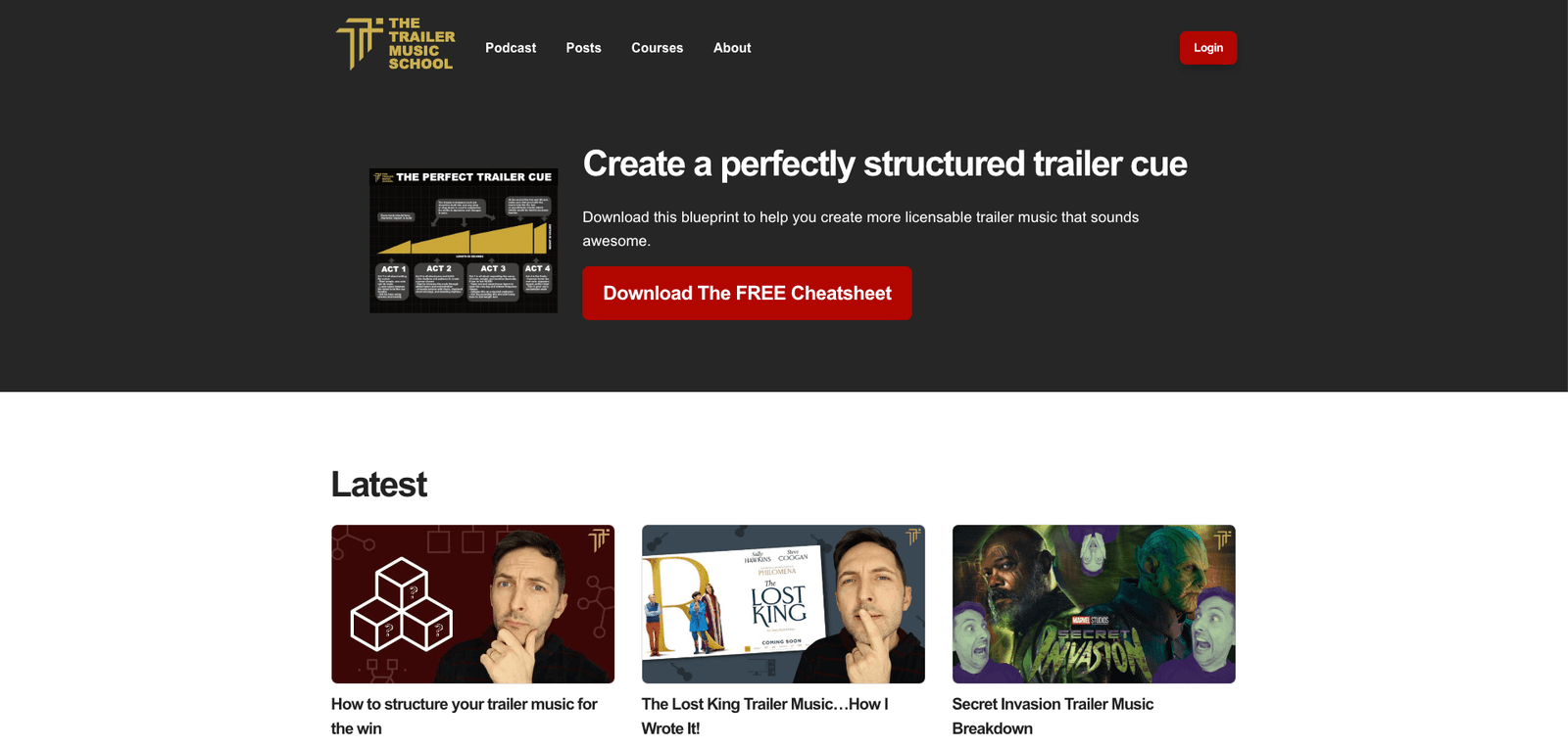 The Trailer Music School homepage in 2022, offering a free perfect trailer cue cheatsheet and latest posts