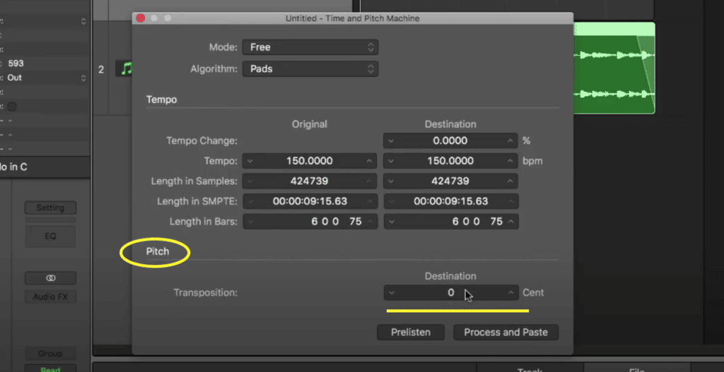 Logic Pro X Time and Pitch Machine with the Pitch transposition destination set in cents