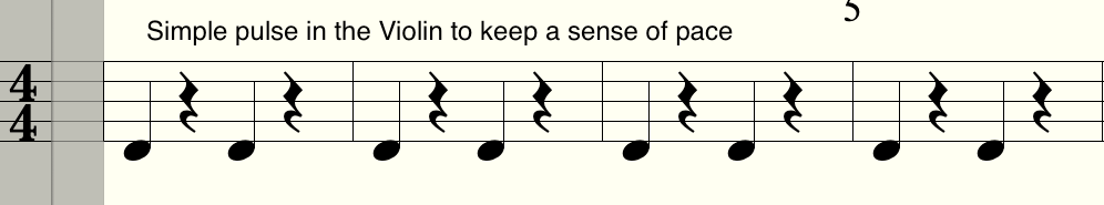 Notation of a simple quarter-note violin pulse with rests to keep a sense of pace