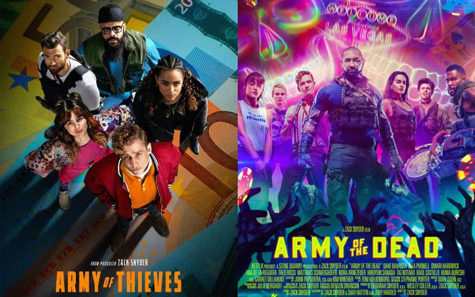Side-by-side posters for Zack Snyder's Army of Thieves and Army of the Dead