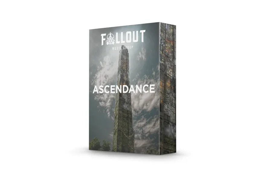 Product box for Ascendance risers by Fallout Music Group, showing a ruined tower under a cloudy sky