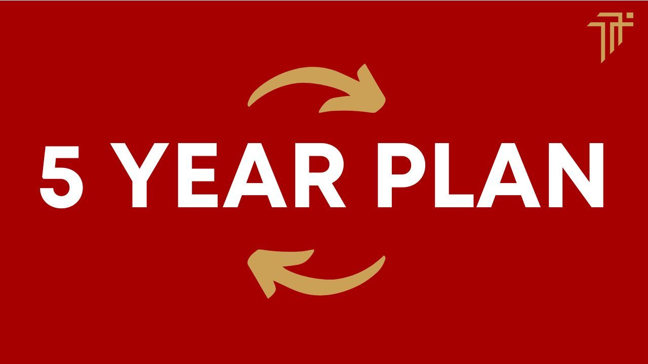 Red graphic reading 5 Year Plan between two curved gold arrows forming a cycle