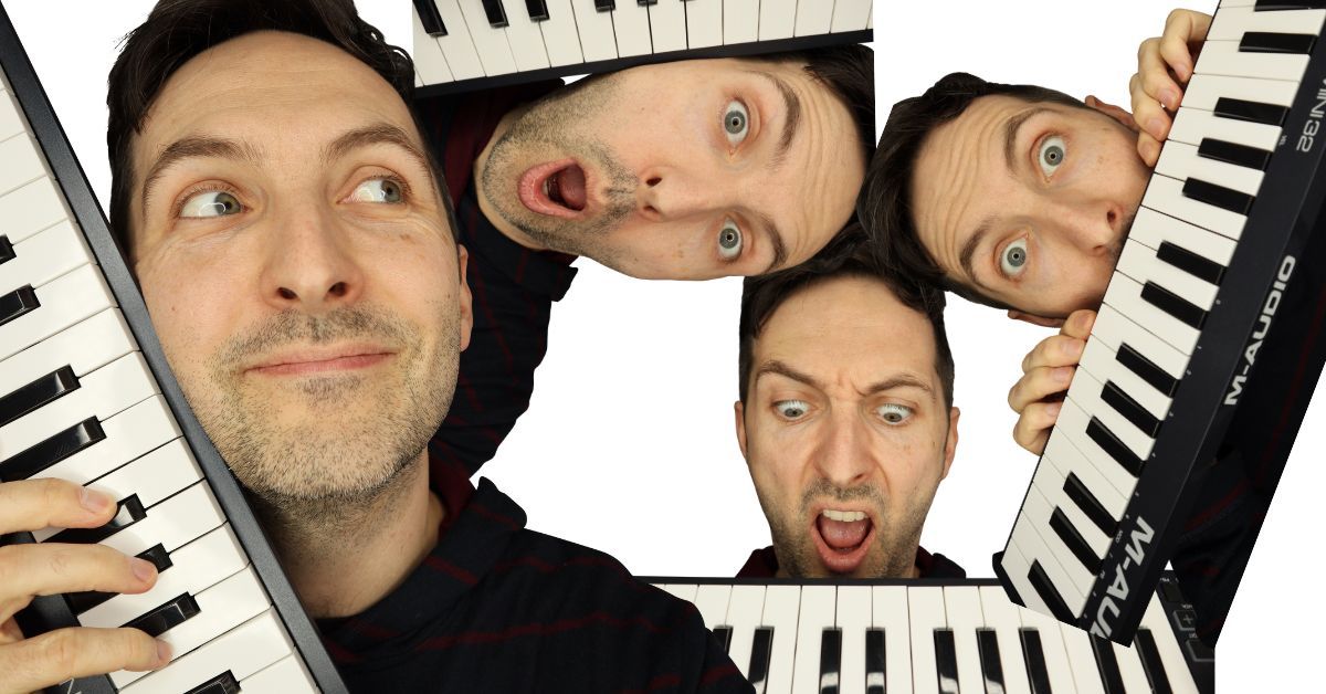 Richard Pryn pulling surprised faces around M-Audio MIDI keyboards