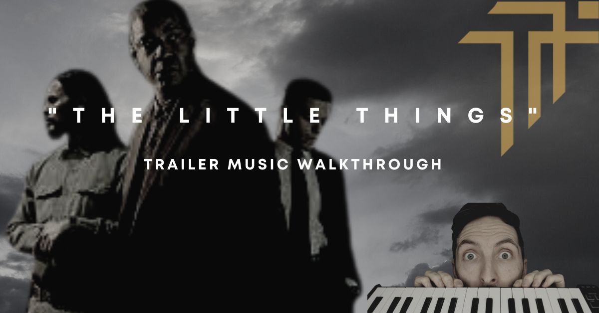 The Little Things trailer music walkthrough graphic with the film's three leads and Richard Pryn behind a keyboard