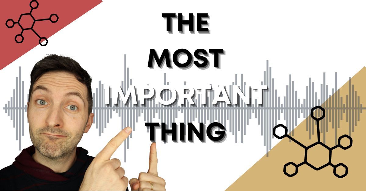 Richard Pryn pointing at the words The Most Important Thing over an audio waveform