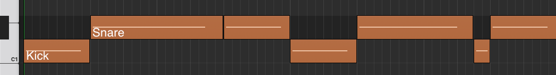 Piano roll of lofi beat 1 with widely spaced kick notes beneath long snare notes