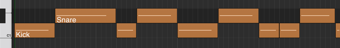 Piano roll of lofi beat 3 with a straight kick and snare pattern and extra kicks at the end