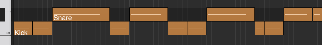 Piano roll of lofi beat 4 starting with a double kick and extra kick and snare hits in the last bar