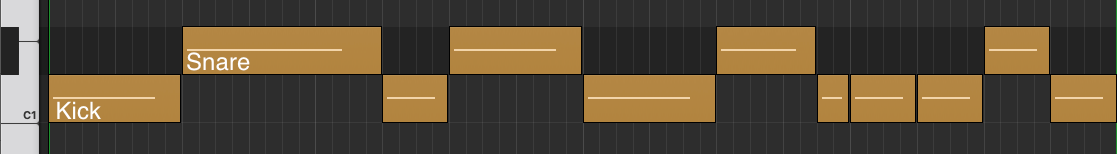 Piano roll of lofi beat 5 with kicks that speed up towards the end of the pattern